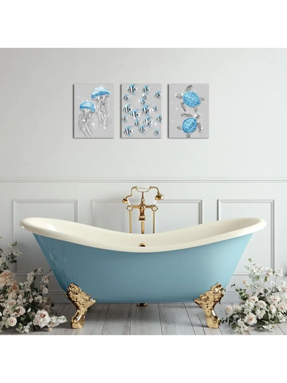 Glitter Coastal Bathroom Wall Art - Ocean Jellyfish & Sea Turtle Decor, Blue
